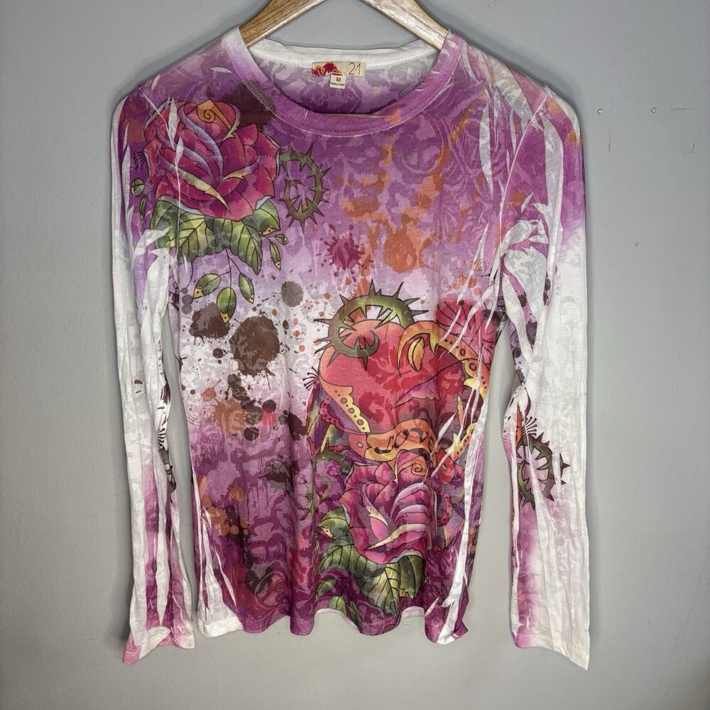 “Forever 21” VTG Y2K Long Sleeve Tattoo graphic Tee; Floral pattern, MED; fitted